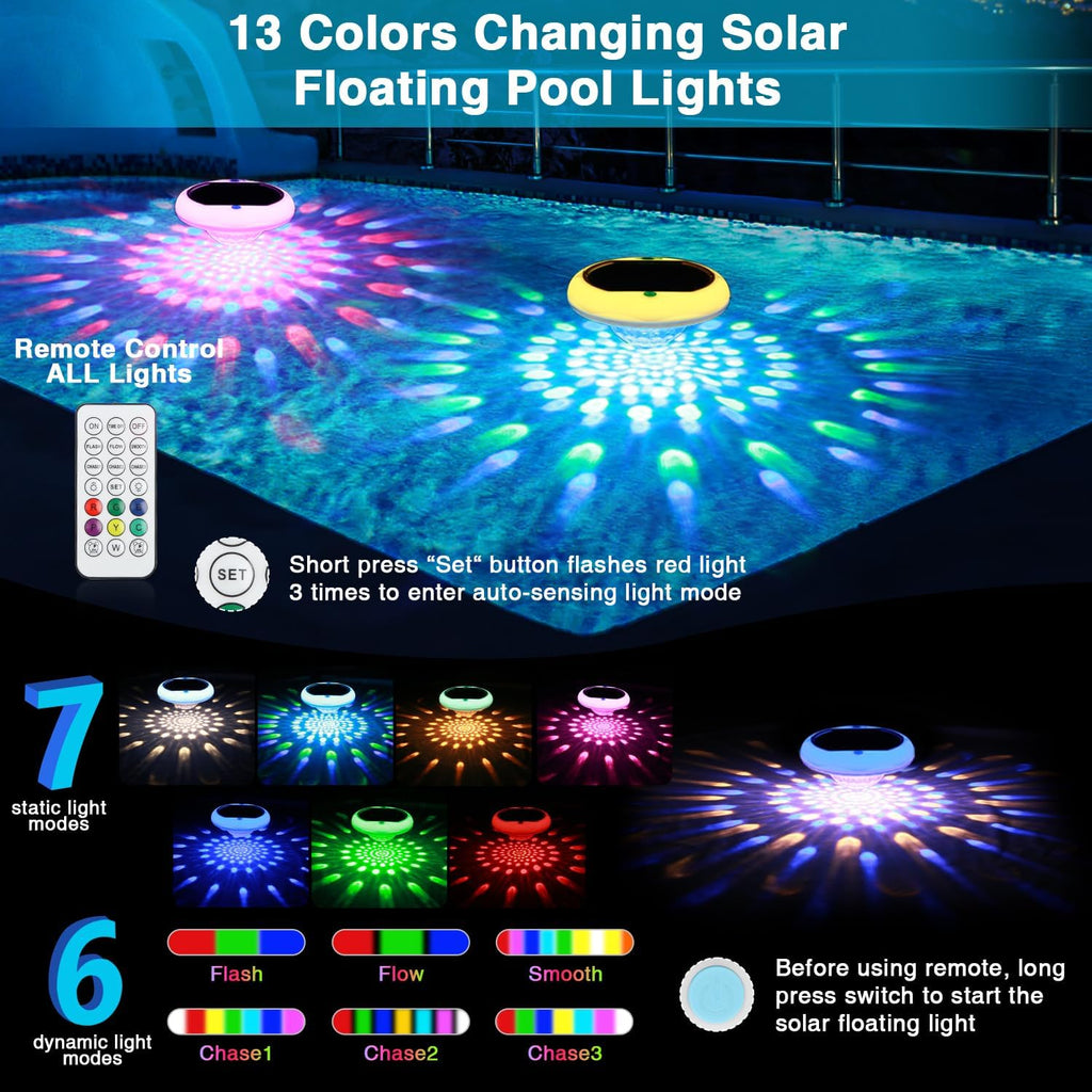 Floating Pool Lights, Solar and USB Rechargeable Pool Lights That Float with Remote, 2600mAh 6.7'' IP68 Waterproof 13 Colors Upper and Lower Glow Hot Tub Light Hangable Solar Light for Garden1 PACK