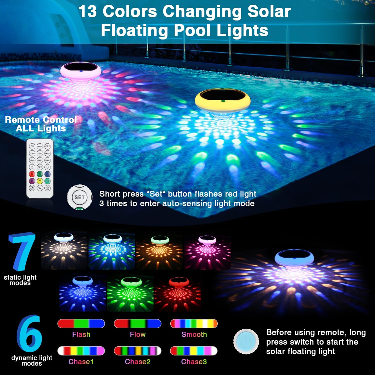 Floating Pool Lights, Solar and USB Rechargeable Pool Lights That Float with Remote, 2600mAh 6.7'' IP68 Waterproof 13 Colors Upper and Lower Glow Hot Tub Light Hangable Solar Light for Garden1 PACK
