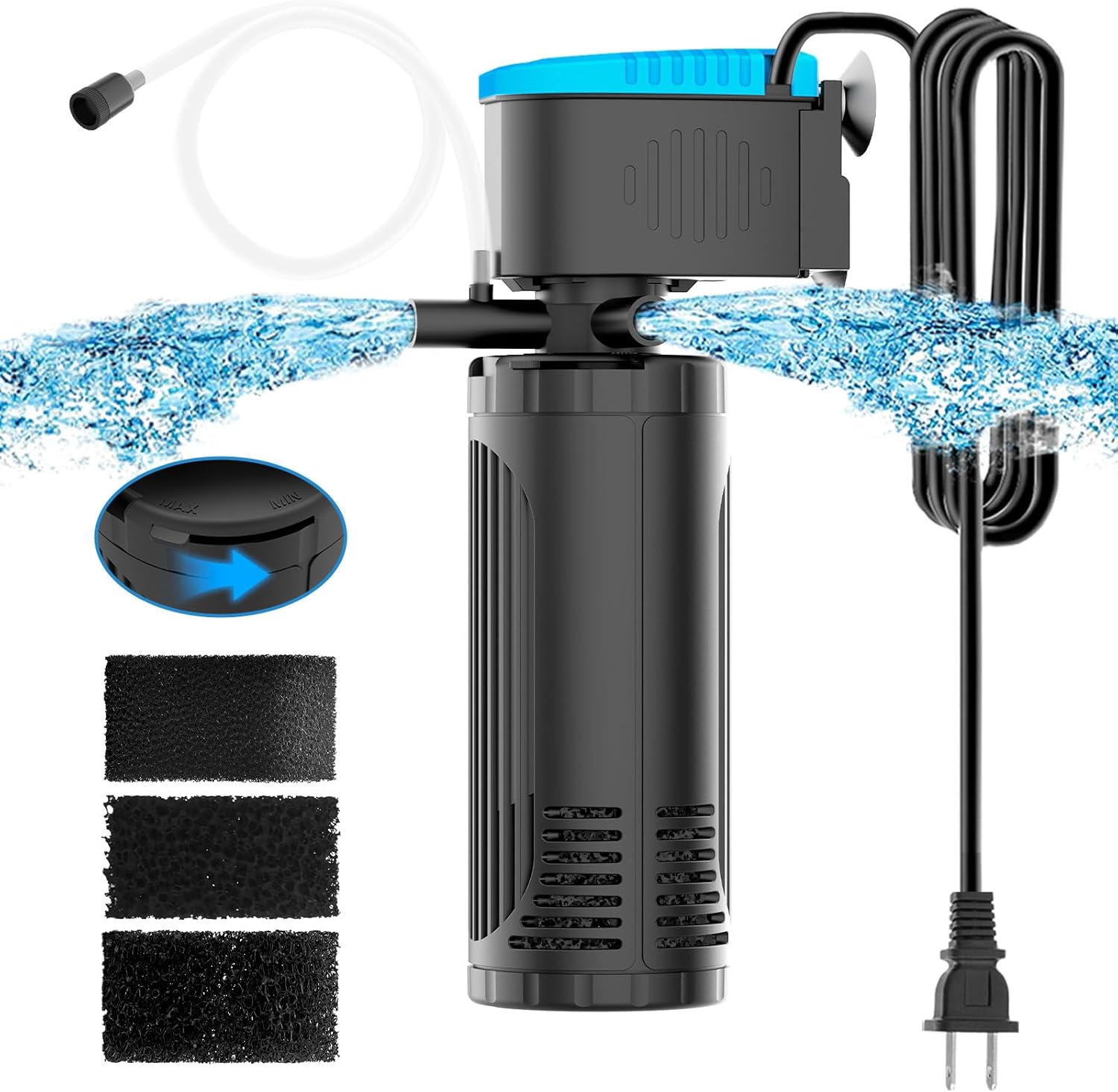 AquaMiracle Submersible Aquarium Filter 3-Stage in-Tank Filter with Dual Water Outlet & Aeration, Water Flow Adjustable 300GPH Internal Fish Tank Filter for 60-150 Gallon Aquariums