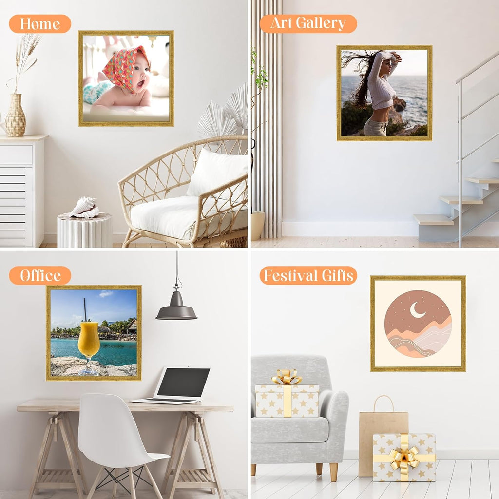 Wood 24x24 Frame Gold, Ornate Natural 24x24in Poster Picture Frame, Modern Golden 24 x 24inch Gallery Wall Photo Frame with HD Plexiglass, Horizontal Vertical Wall Mounting Display 1pcs