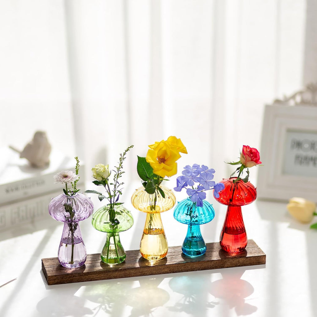 Glasseam Mushroom Plant Propagation Station: Cute Glass Terrarium Jar with Wooden Stand Unqiue Planters for Indoor Plants Hydroponic Glass Bud Flower Vase for Home Office Decor for Women