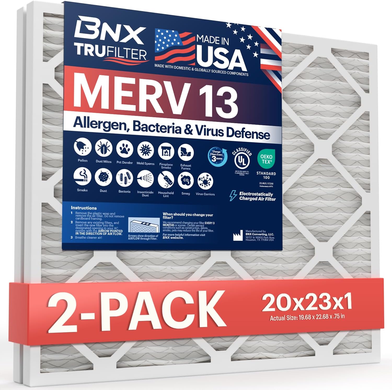 BNX TruFilter 20x23x1 Air Filter MERV 13 (2-Pack) - MADE IN USA - Electrostatic Pleated Air Conditioner HVAC AC Furnace Filters for Allergies, Pollen, Mold, Bacteria, Smoke, Allergen, MPR 1900 FPR 10