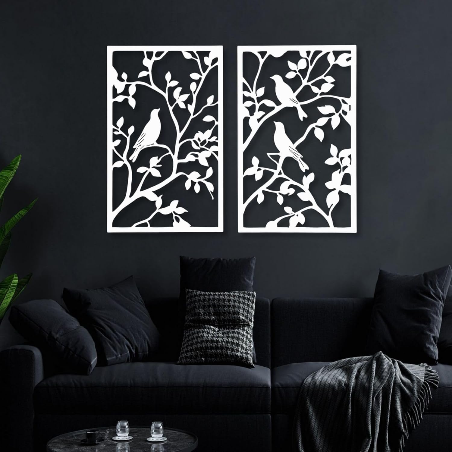 huefoam 2 Pieces Birds on a Branch Wall Decor, Metal Tree Branch Wall Decor, Metal Bird Wall Art for Living Room, Bedroom, Dining Room (Black, single:30"×19"/76×48cm(set of 2), metal art wall decor)