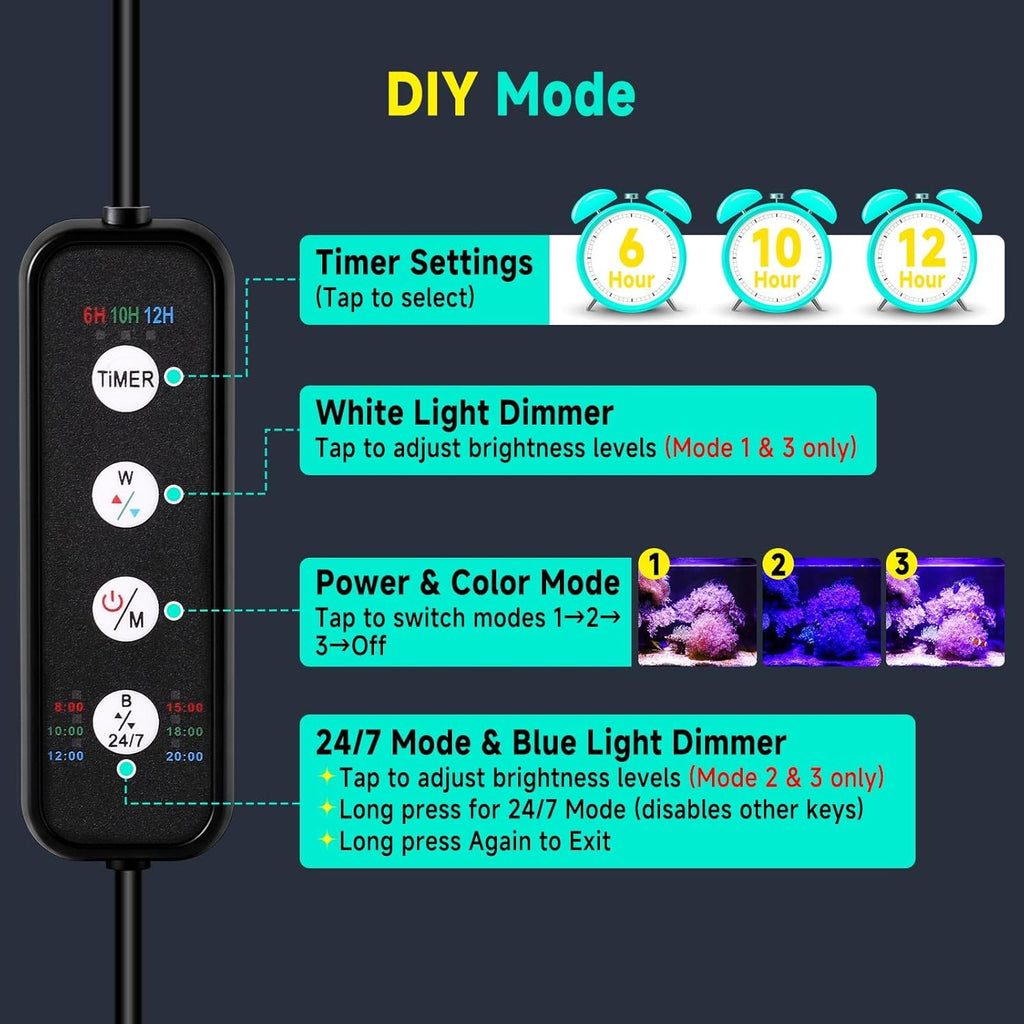 fishkeeper Clip On 24/7 Saltwater Aquarium LED Light, 8W Reef Lights for Coral DIY Color/Brightness Fish Tank Light with Timer for Coral Marine Tank Memory Function