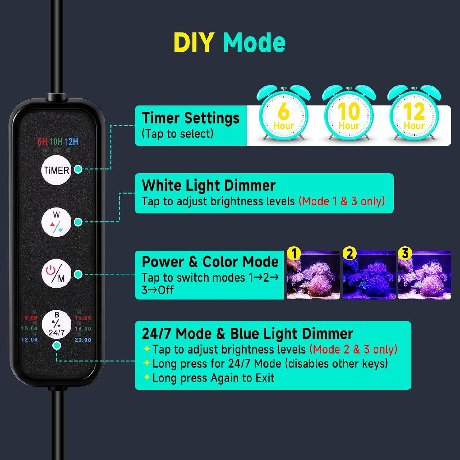 fishkeeper Clip On 24/7 Saltwater Aquarium LED Light, 8W Reef Lights for Coral DIY Color/Brightness Fish Tank Light with Timer for Coral Marine Tank Memory Function