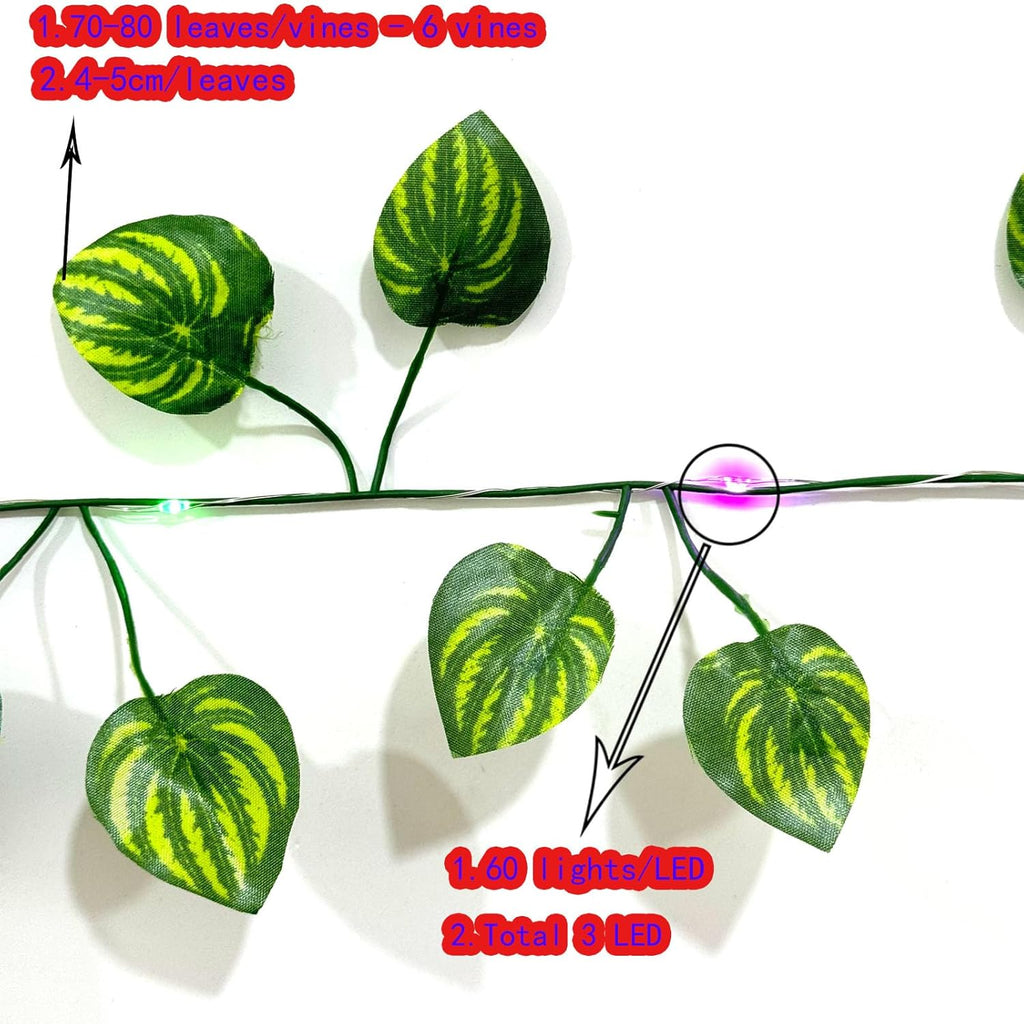 6 Pcs Artificial Hanging Plants Watermelon Leaf Vines With 60 Colorful Lights, Watermelon Vine Leaves, Fake Plant Vines, Can Be Used for Wall,Party Wedding,Home,Kitchen, Indoor and Outdoor Decoration