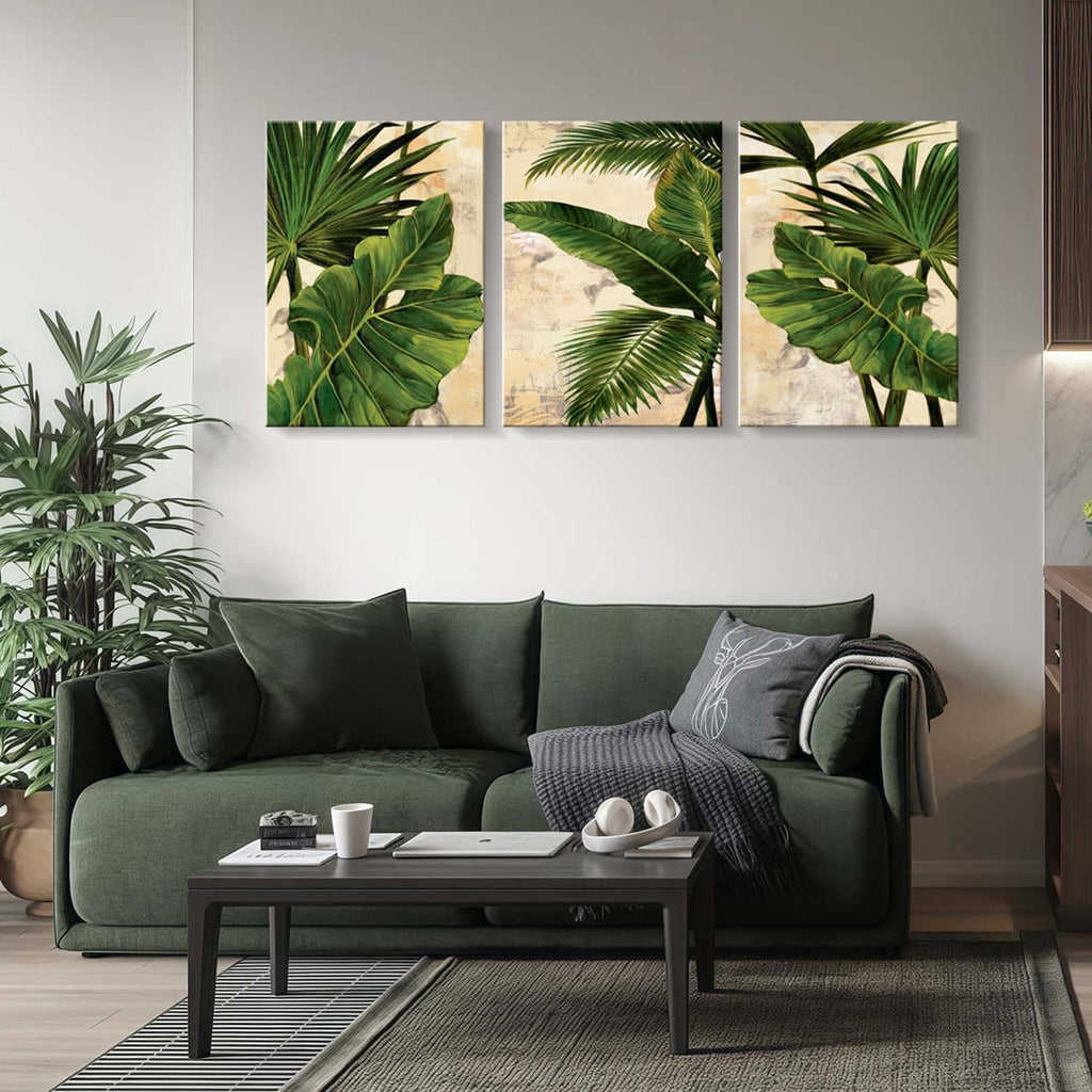 3pcs Framed Palm Leaves Banana Leaf Tropical Plants Wall Art Decor Canvas Print Nature Style Home Greenery Pictures Poster Gallery Bedroom Living Room Studio 12x16 Inch Ready to Hang