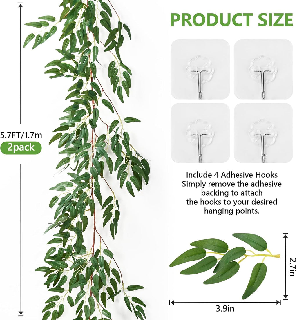 2PCS 5.7FT Fake Willow Leaves Vines Twigs, Artificial Hanging Italian Ruscus Greenery Garland Leaves, Faux Ivy Vines Willow Branches Plant Fern Garlands Skil for Indoor Realistic Outdoor Decoration