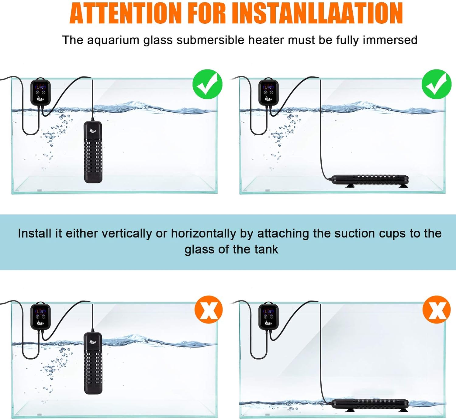 AQQA 1000W Submersible Aquarium Heater for Fish Tank Betta Digital Thermostat Pond Heater with External Controller Temp Range 59-93 ℉ for Freshwater and Saltwater (1000W for 120-280 Gallon Tank)