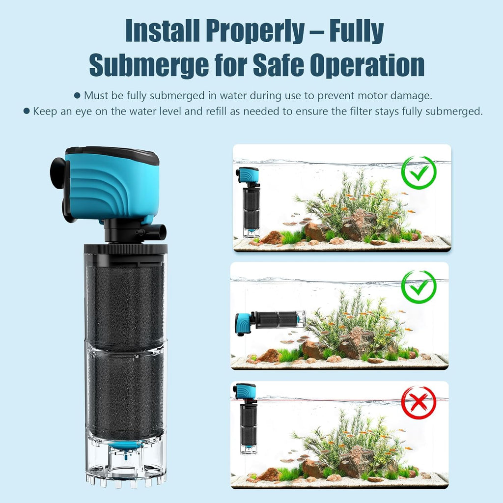 Internal Aquarium Filter, Upgraded 50-150 Gallon Fish Tank Filters, 450GPH Submersible Whisper Pump for Large Turtle Tank with Debris Tray, Check Valve