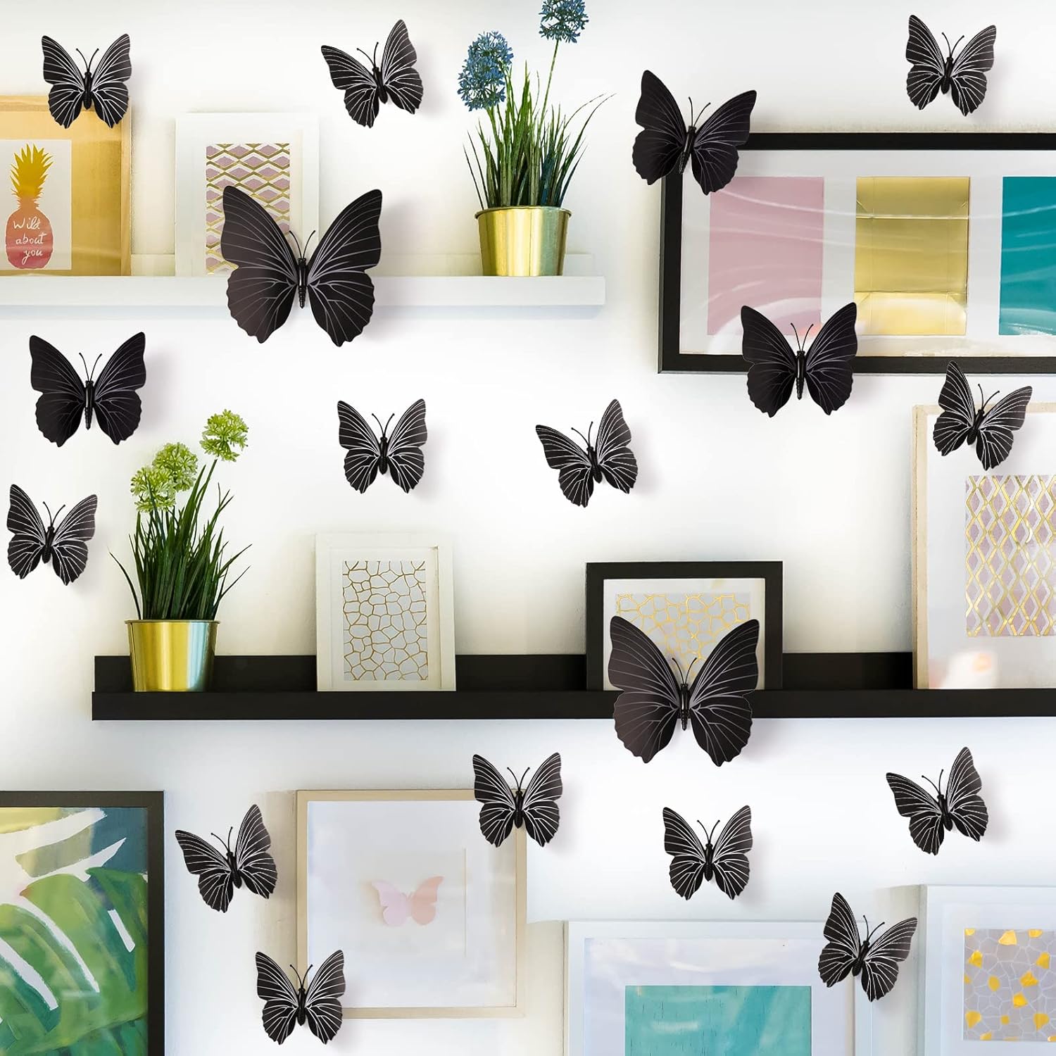LiveGallery 72 PCS Black Removable 3D DIY Beautiful Butterfly Wall Decals Colorful Butterflies Art Decor Wall Stickers Murals for Kids Baby Boy Girls Bedroom Classroom Offices (Black)