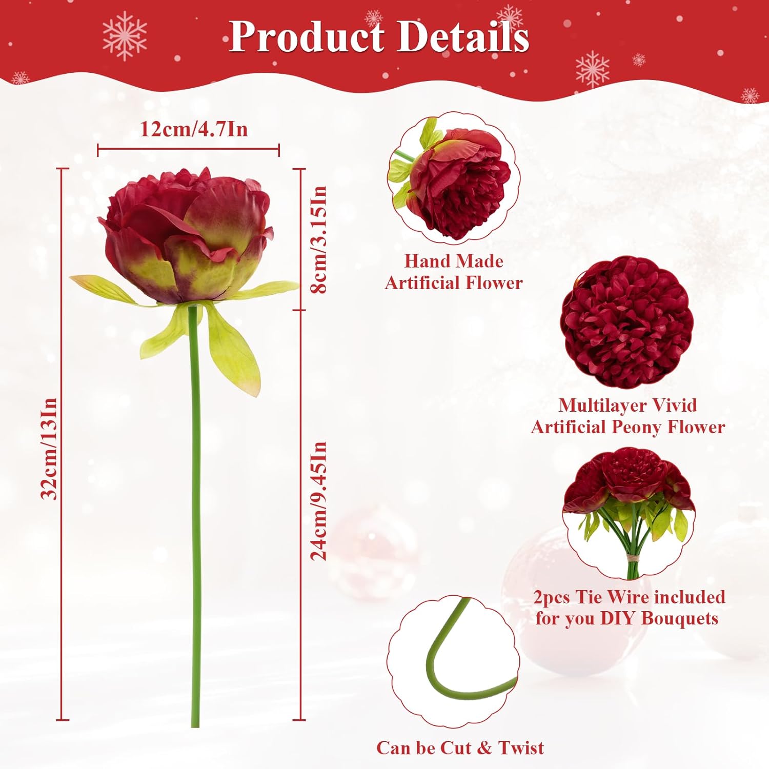 U'Artlines 10 Heads Artificial Peony Silk Flower Leaf Home Office Wedding Party Festival Bar Decor (Red)