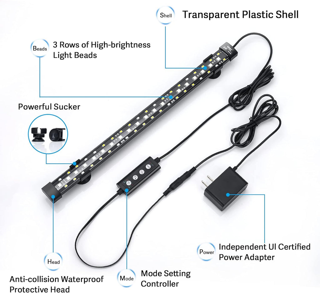 hygger 24/7 Mode Submersible Aquarium LED Light, Full Spectrum Hidden Fish Tank Light with 3 Rows Beads 7 Colors Auto On Off Sunrise-Daylight-Moonlight, Adjustable Timer Brightness 8W