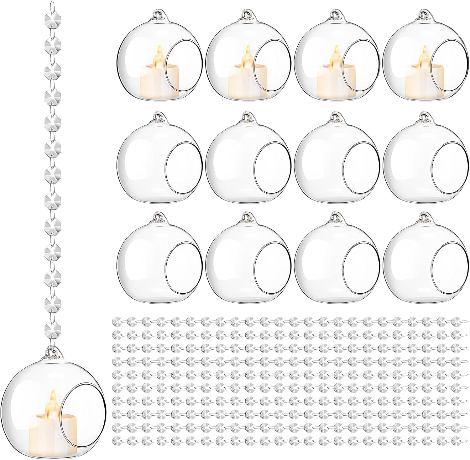 3.15'' Hanging Glass Tealight Holder Globe and Clear K9 Crystal Garland Strands, Hanging Glass Terrarium Containers for Wedding Party Tree Decoration(34 Pcs)