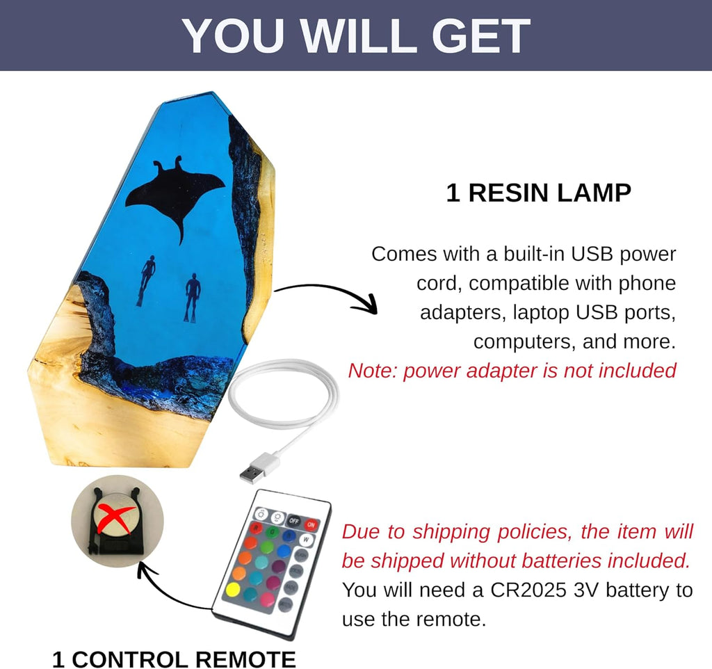 Ocean Resin Lamp – Marine Life Night Light with 16 Color LED, USB Powered Whale Shark & Turtle Desk Lamp with Wooden Base & Remote,Handmade Gift for Christmas, New Year