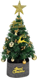 Tree Company Pre-lit Artificial Mini Christmas Tree - Gold Star Small White LED Lights, White Tipped Cones, Glitter Branches Pine Cones and Cloth Bag Base - Glittery Bristle Pine - 24 inch