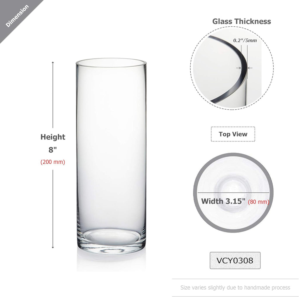 WGVI Quality Thick Clear Cylinder Glass Vases, 3" W x 8" H, Bud Vase Skinny Narrow Floral Bouquet Flower Container for Wedding Centerpieces Tabletop Home Accent Décor Brush Pen Holder, 1 Piece