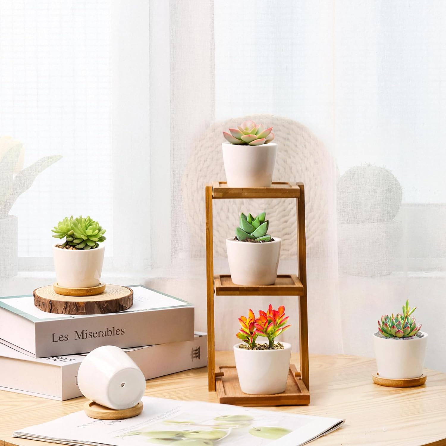 T4U 2.5 Inch Mini White Succulent Planter Pots with Bamboo Tray Round Set of 6, Tiny Ceramic Succulent Air Plant Flower Pots Cactus Faux Plants Containers, Gifts for Plant Lover, Home and Office Decor