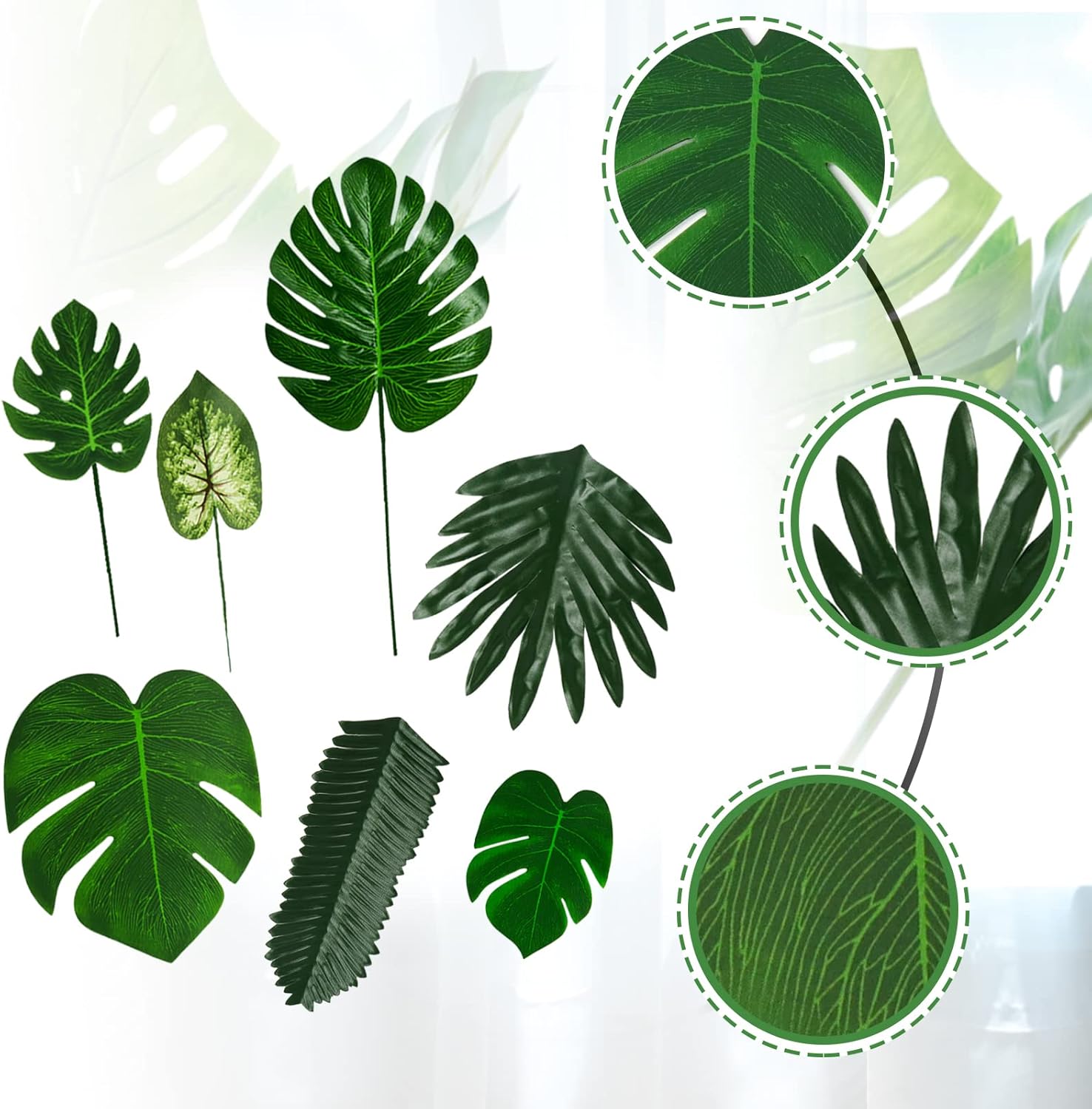 50 Pieces 7 Kinds Tropical Party Decorations Jungle Monstera Leaves Safari Leaves, Artificial Palm Leaves with Faux Stem for Hawaiian Luau Party Jungle Beach Table Leave Decorations