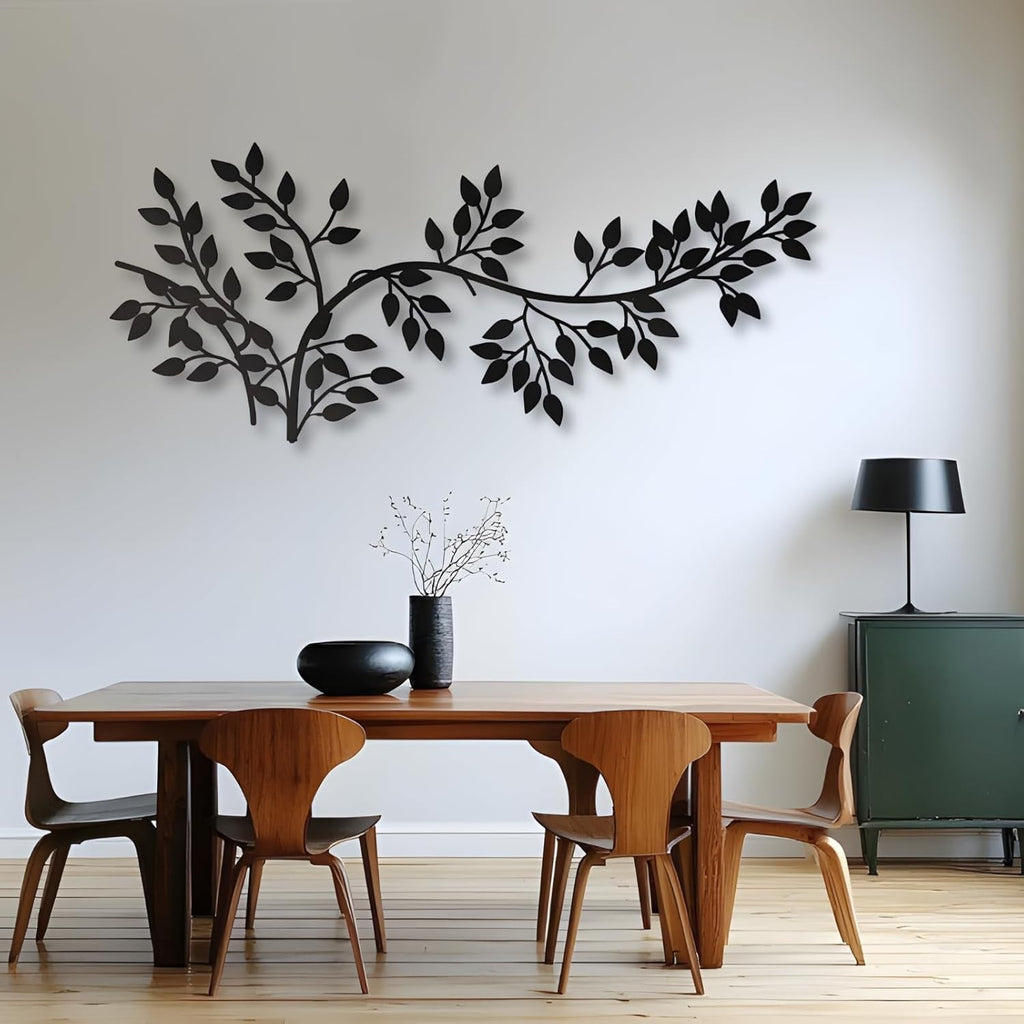 Elegant Metal Tree Wall Art Decor,Modern Branch Design with Ivy & Palm Leaf Accents,Black Metal Wall Sculpture for Living Room, Bedroom (42" x 19" | 106 x 49cm)