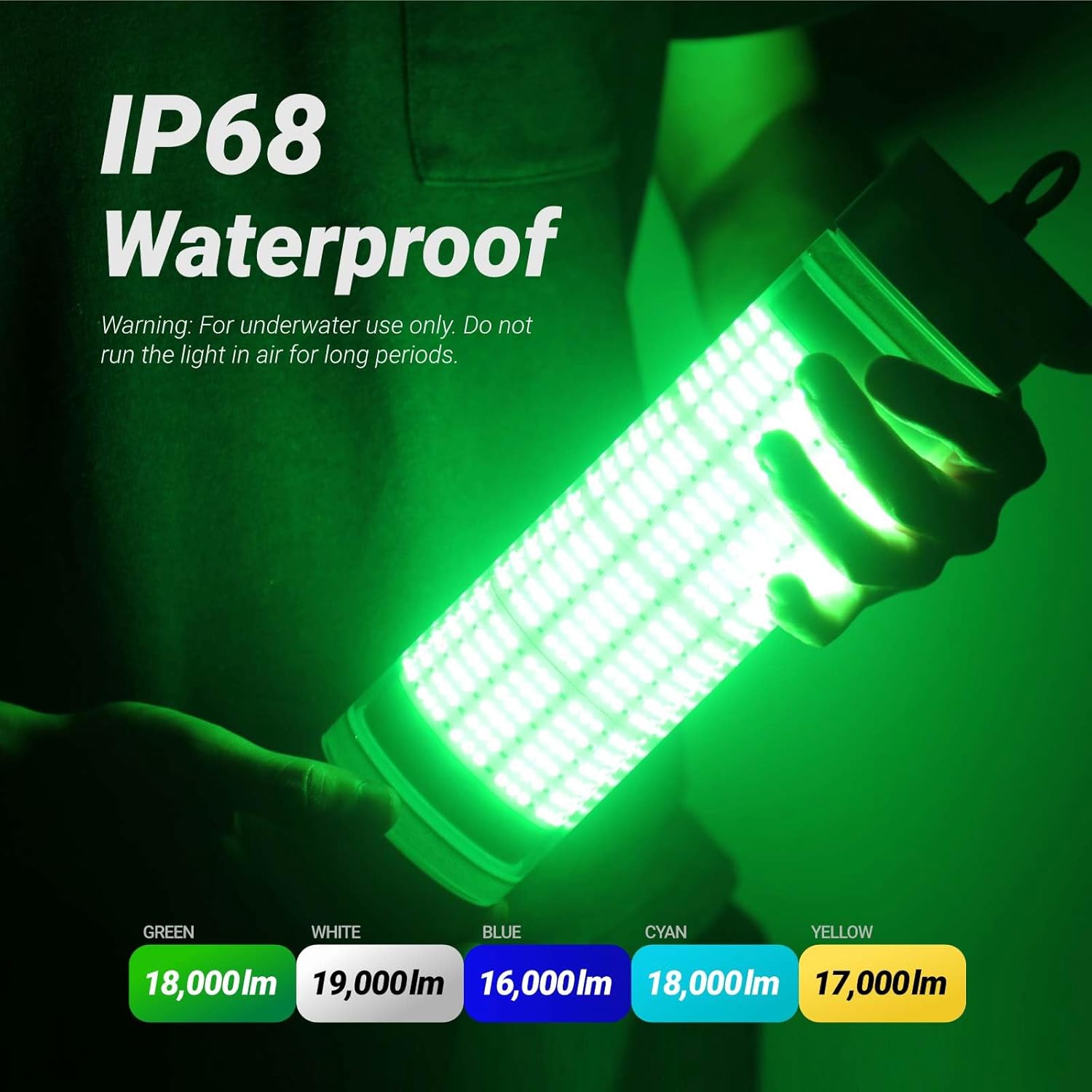 Rechargeable Underwater Fishing Light, Built-in Battery & Cordless, Remote Dimmable, Auto-On in Water, IP68 Waterproof, Multi-Color, Suitable for Boat, Dock, Freshwater, and Saltwater