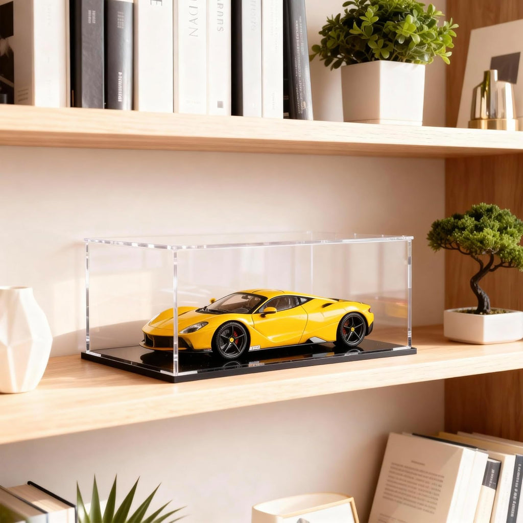 Acrylic Display Case with Lid, Rectangle Clean Acrylic Box with Matte Black Stand for 1:18 Diecast Model Cars (13x6.7x6.3 inch)
