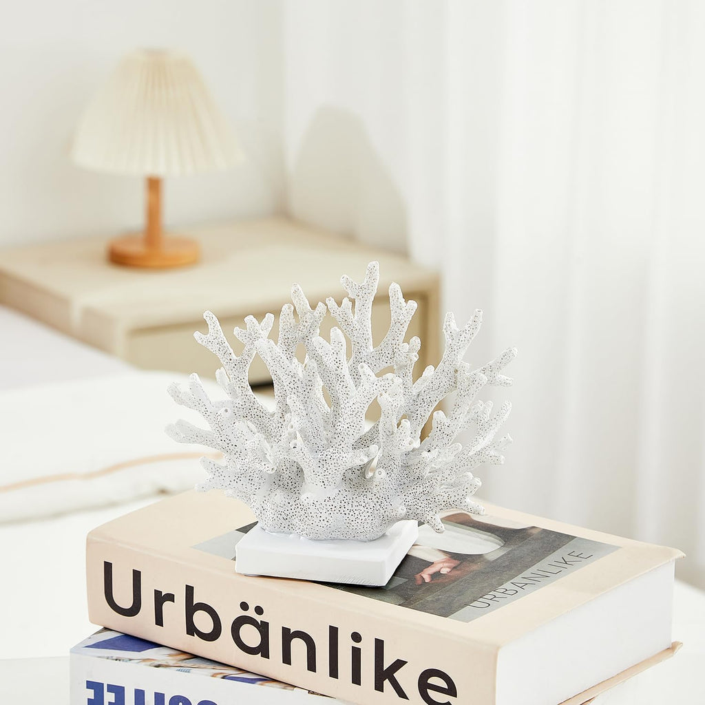 Artificial White Coral Décor, Nautical Coral Reef Decorations for Home, Marine Style Decoration, Ocean Themed Cabinet Shelf Tabletop Decor (White)