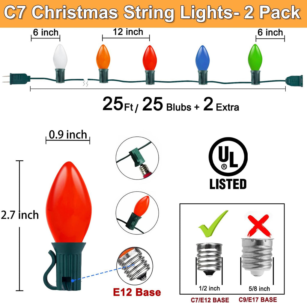 Couah 2 Pack 50 Ft C7 Christmas String Lights, Vintage Christmas Lights with 54 Multicolor C7 Light Bulbs Outdoor C7 Christmas Lights for Christmas Tree Party Backyard Wedding