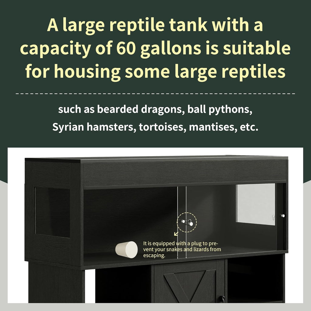 60 Gallon Reptile Tank with Stand, Terrarium Tank with Storage Cabinet, for Lizards, Skinks, Snakes, Sliding Acrylic Doors, Mesh Top, Built-in Power Outlet Black PX02RTB