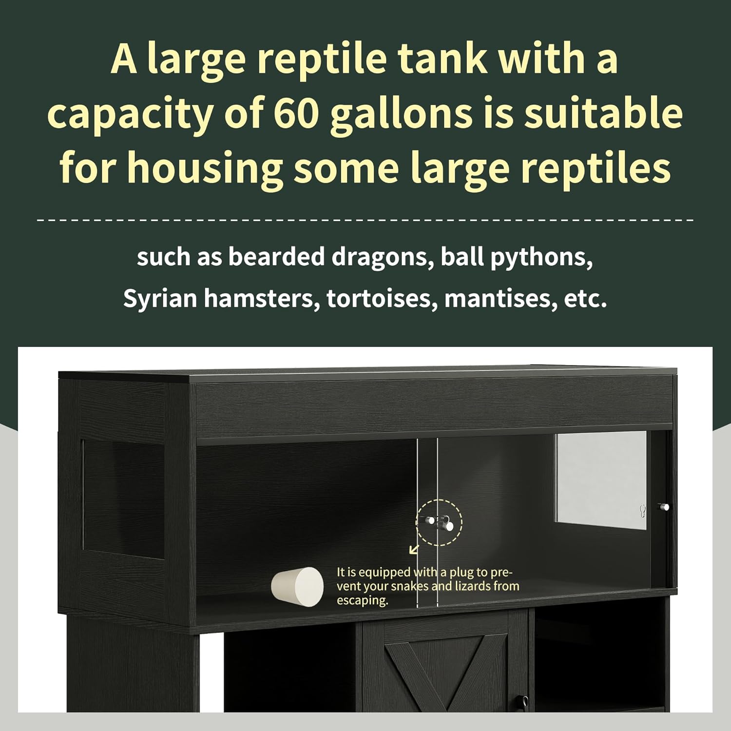 60 Gallon Reptile Tank with Stand, Terrarium Tank with Storage Cabinet, for Lizards, Skinks, Snakes, Sliding Acrylic Doors, Mesh Top, Built-in Power Outlet Black PX02RTB