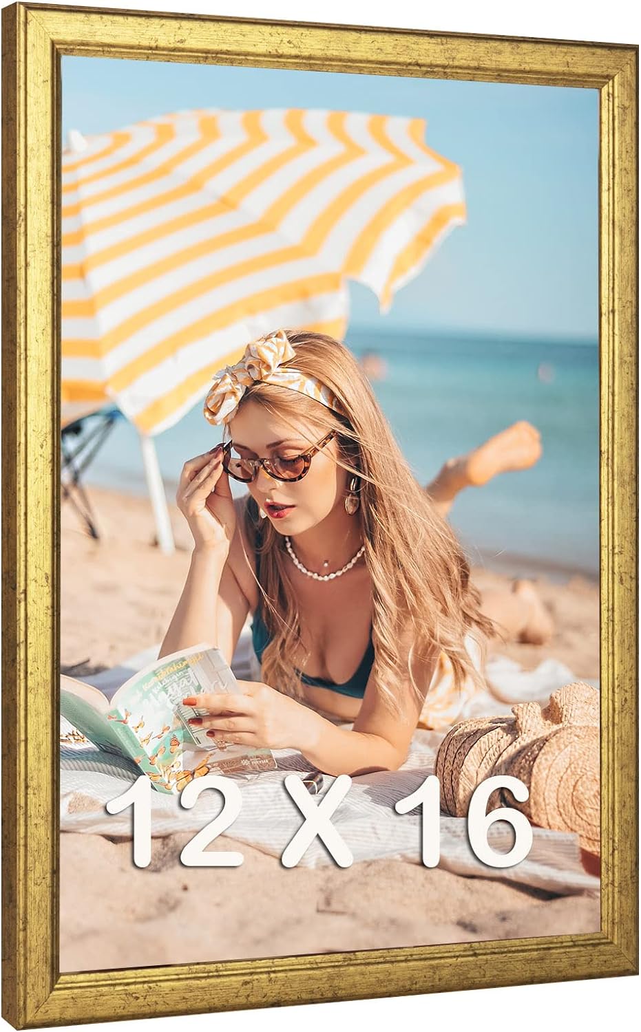 12x16 Wood Picture Frame Gold, Ornate Natural 16x12in Frame, Modern Golden 12 x 16 inch Gallery Wall Photo Poster Frame with HD Plexiglass, Horizontal Vertical Wall Mounting Display 1pcs