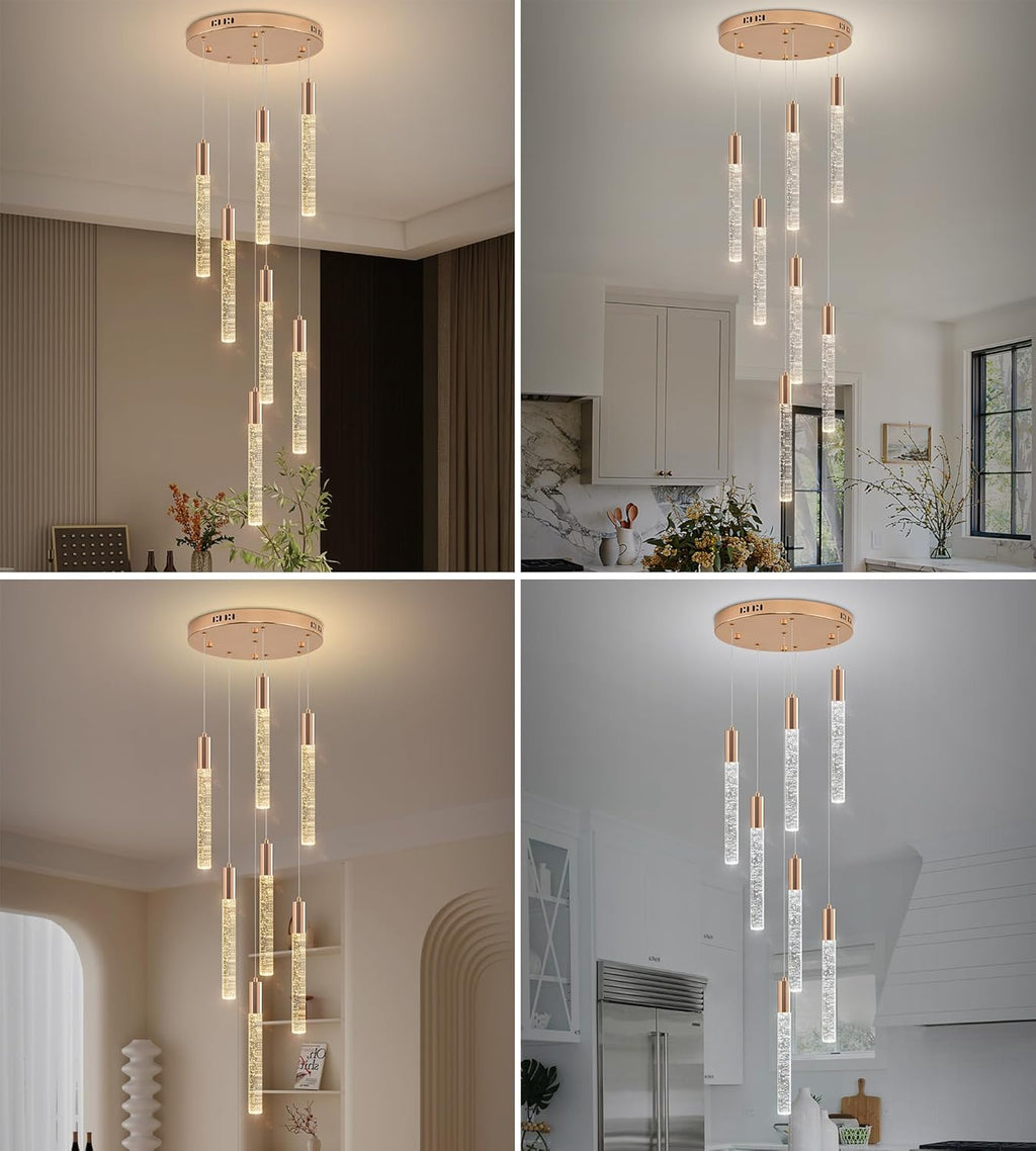 Modern High Ceiling Crystal Chandelier 7-Lights, Spiral LED Raindrop Foyer Pendant Lighting, Bubble Staircase Living Room Hanging Light Fixture Flush Mount Gold