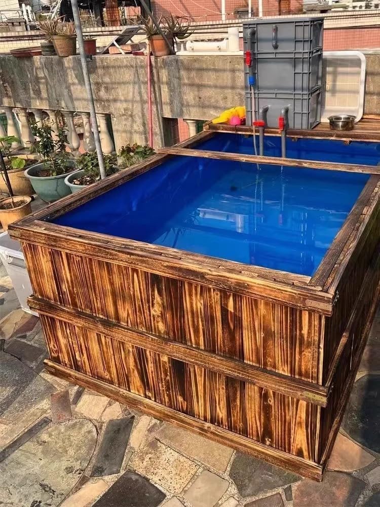 Above Ground Fish Pond,Solid Wood Frame Koi Tank with Drain Valve,Canvas Turtle Pool,Wooden Aquarium for Koi Carp or Hydroponic Cultivation 47 * 31.5 * 27.5in / 137Gal