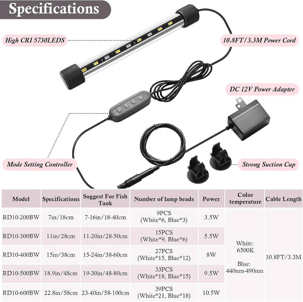 Dirvin 7inches 24/7 Mode Submersible Aquarium LED Light, 9 LED Beads 3 Colors Fish Tank Light with Timer Brightness Adjustable, Sunrise-Daylight-Moonlight Simulation for 7"-16" Fish Tank, 3.5W