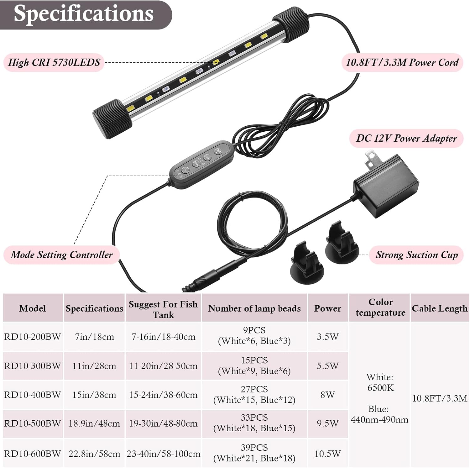 Dirvin 7inches 24/7 Mode Submersible Aquarium LED Light, 9 LED Beads 3 Colors Fish Tank Light with Timer Brightness Adjustable, Sunrise-Daylight-Moonlight Simulation for 7"-16" Fish Tank, 3.5W