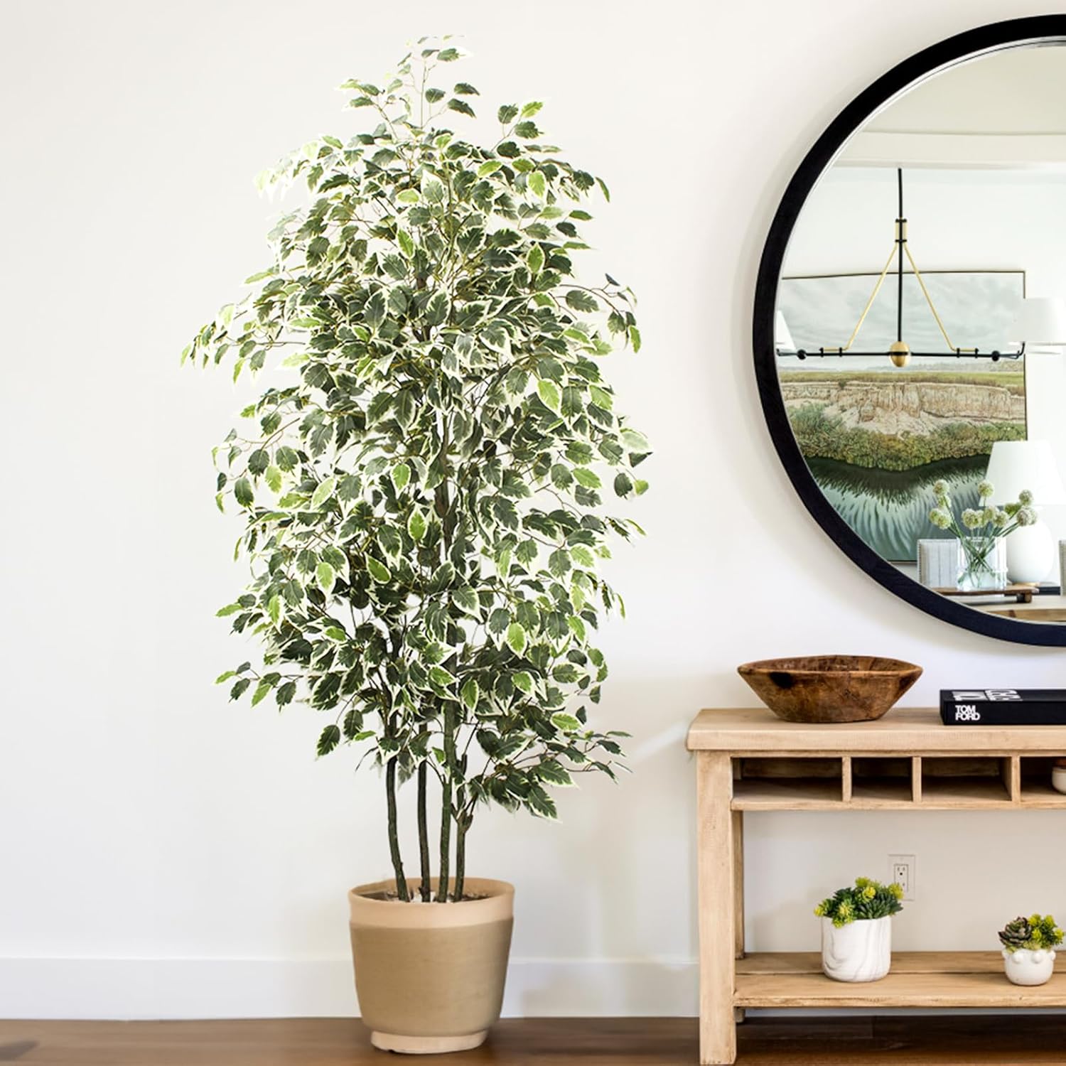 6 FT Artificial Ficus Tree 600 Leaves Faux Plants Indoor Tall with Black Pot Large Fake Tree for Home Office Living Room Decor