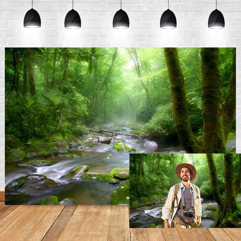 OERJU 10x8ft Peaceful Forest Photography Backdrop for Outdoor Rustic Travel Theme Banner Decoration Stones Stream Trees Rainforest Jungle Plant Background Polyester Fabric Adults Portrait Photo