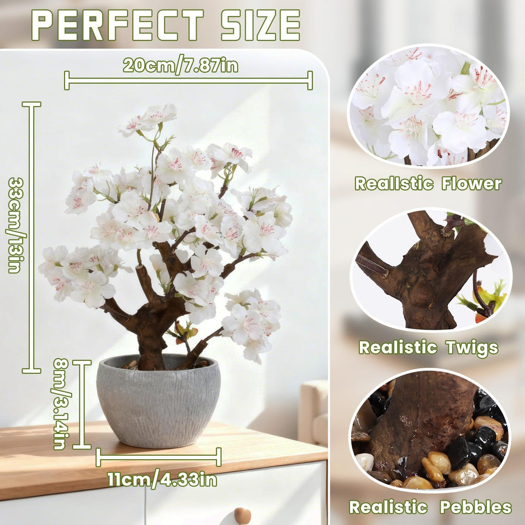 TOARTi Artificial White Cherry Blossom Potted Plant with Stone Pot, 12.6" Fake Flowers Potted Faux Plant Desk Decor, Realistic Decorative Plants Indoor Decor for for Home Bedroom Bathroom Office Desk