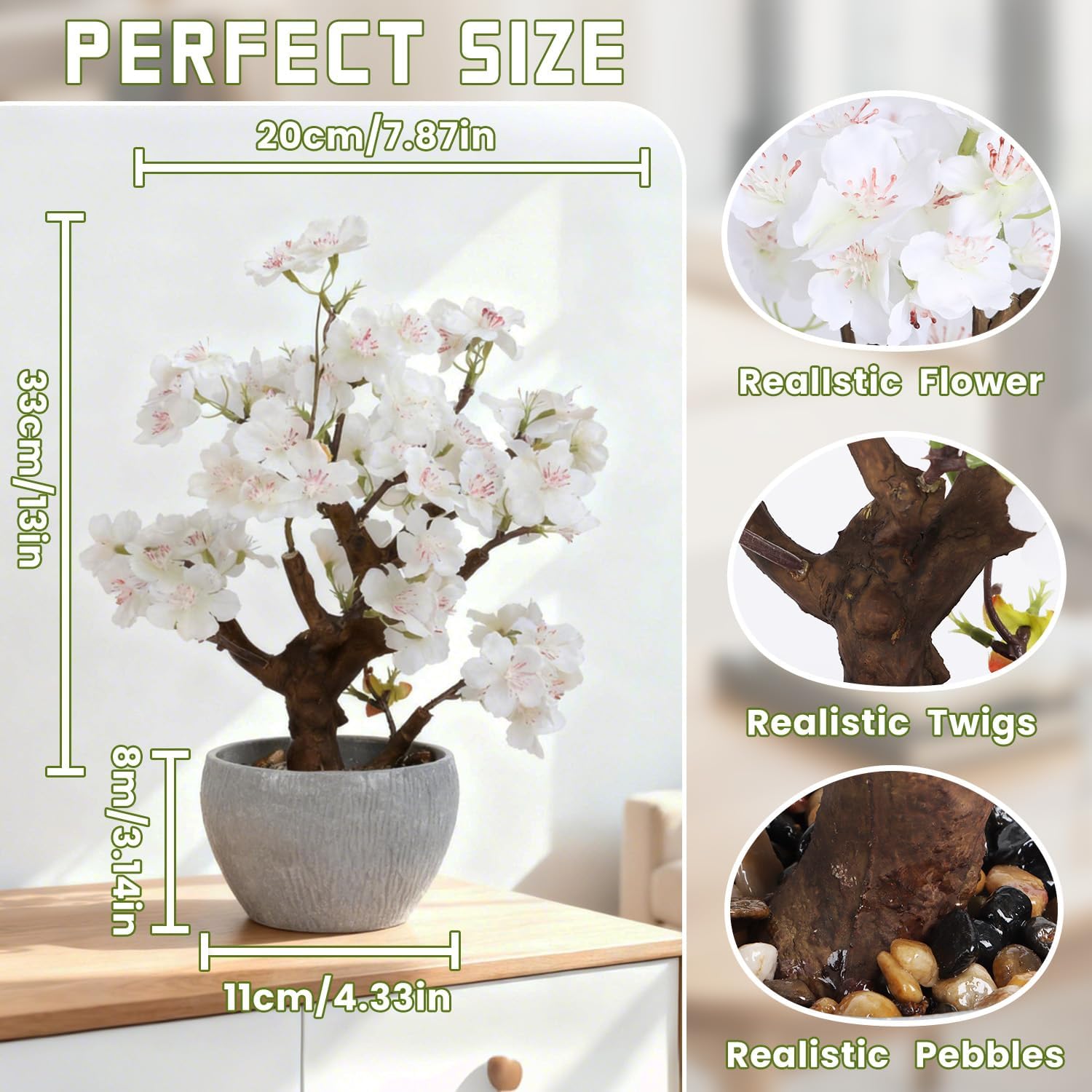 TOARTi Artificial White Cherry Blossom Potted Plant with Stone Pot, 12.6" Fake Flowers Potted Faux Plant Desk Decor, Realistic Decorative Plants Indoor Decor for for Home Bedroom Bathroom Office Desk