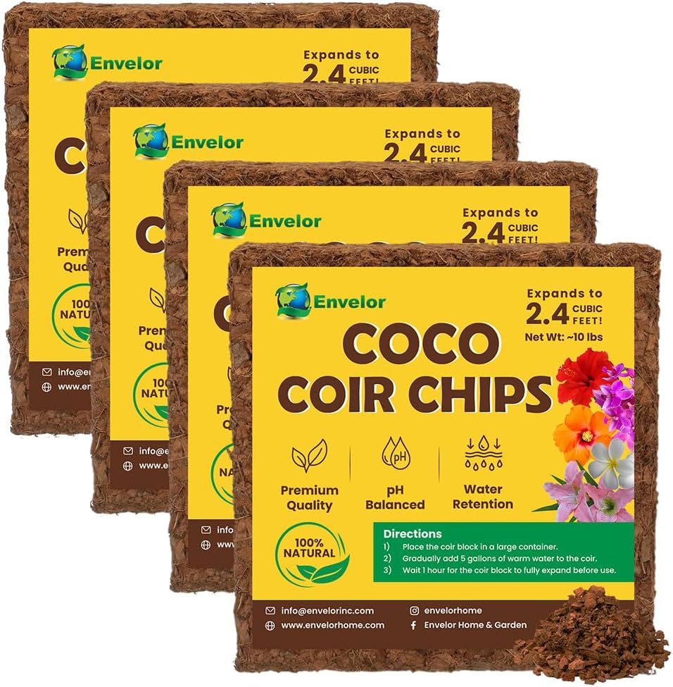 Coco Coir Husk Chips 4-Pack – 2.4 Cu. Ft. Compressed Coconut Coir Bricks, 10 lb. Natural Substrate for Indoor & Outdoor Use, Orchid Bark Alternative, Orchid Potting Mix, Indoor Plant Soil