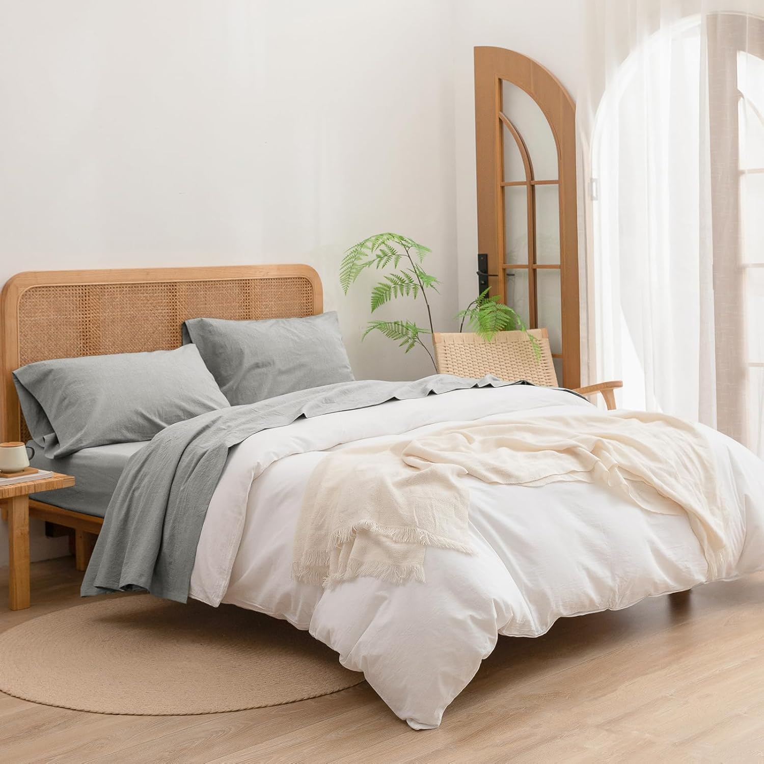 BESTOUCH Sheet Set 100% Washed Cotton Linen Feel Super Soft Comfortable Chic Lightweight 3 Pcs Home Bedding Set Solid Light Grey Twin