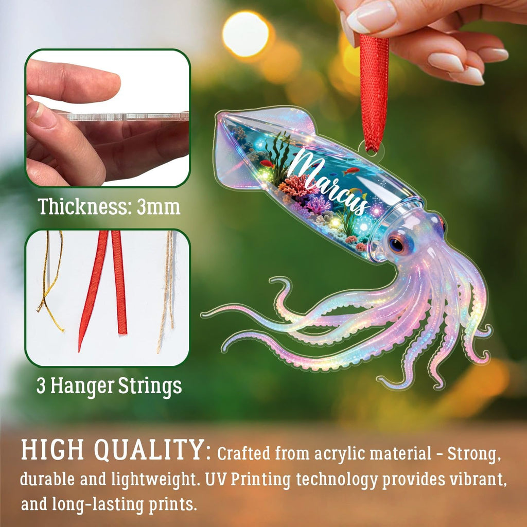 Personalized Squid 2D Flat Acrylic Ornament, Ocean Creature Holiday Keepsake, Squids Ocean Aquatic Ornament, Oceans Animal Gift for Marine Lovers, Custom Name Squid Christmas Ornaments 2025