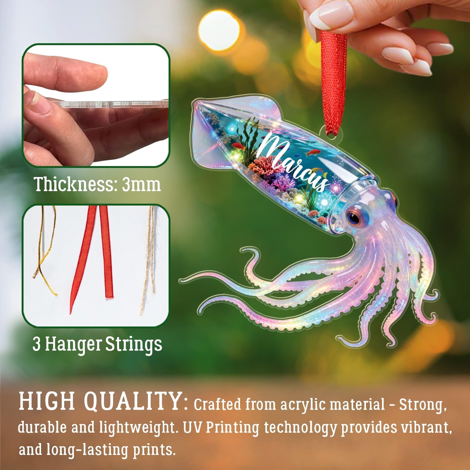 Personalized Squid 2D Flat Acrylic Ornament, Ocean Creature Holiday Keepsake, Squids Ocean Aquatic Ornament, Oceans Animal Gift for Marine Lovers, Custom Name Squid Christmas Ornaments 2025
