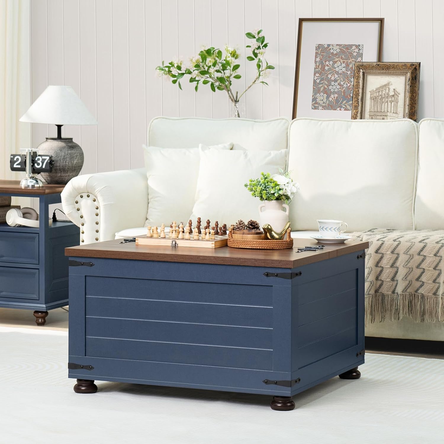Farmhouse Coffee Table with Hidden Storage, 59 Gallon Square Center Table for Living Room, Rustic Wood Cocktail Tables with Flip-Top Lids, Farm House Tables with Wooden Gourd Feet, Navy Blue