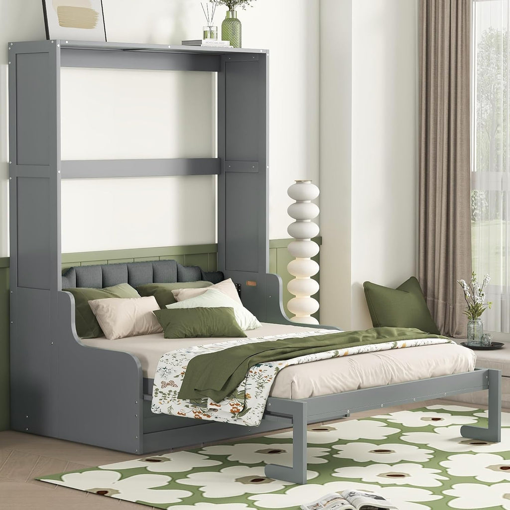 MERITLINE Queen Murphy Bed with Sofa,Wood Folding Murphy Wall Bed Cabinet with Couch (Grey)
