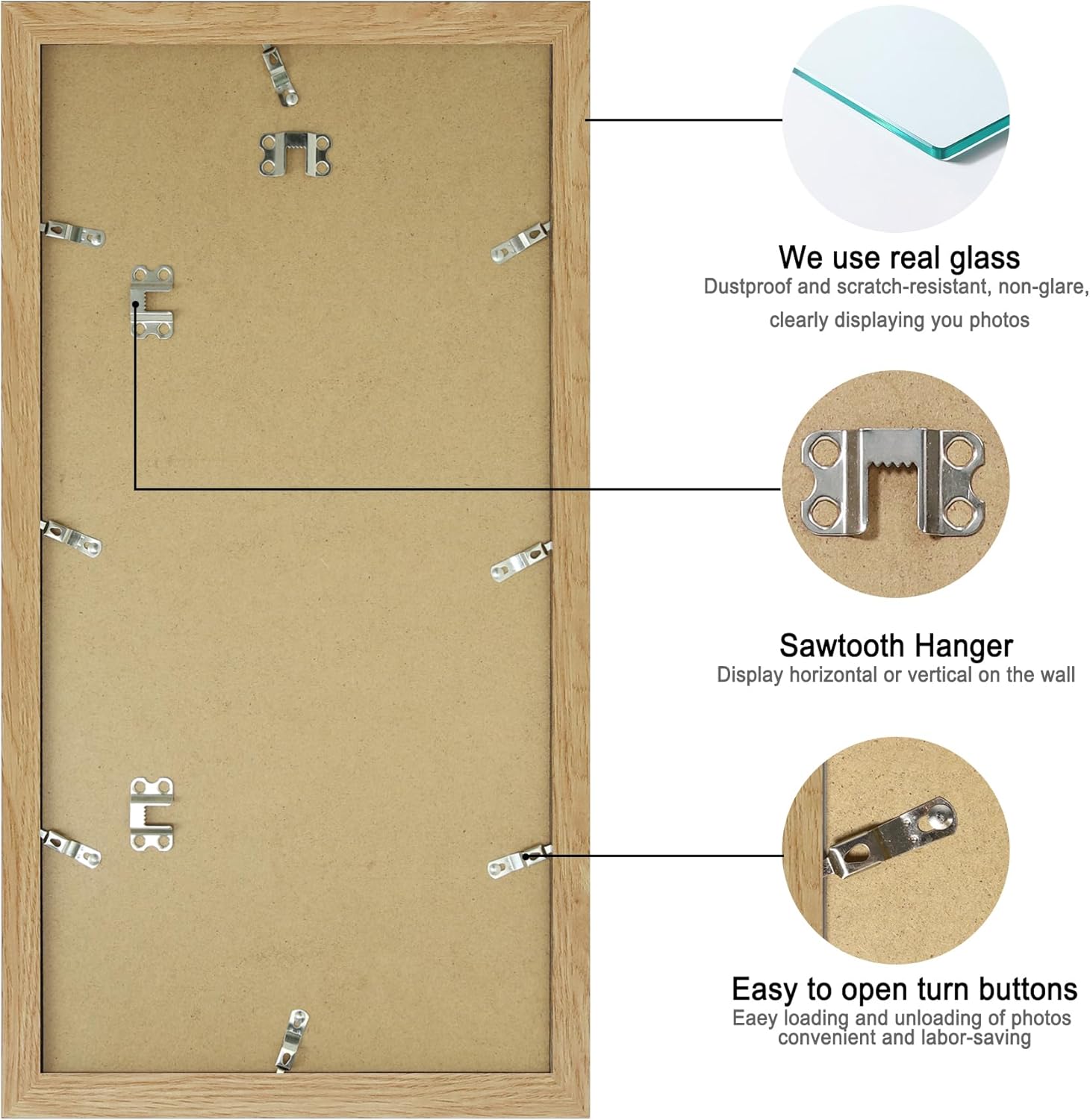 10x20 Picture Frame Set of 2, Natural Oak Wood Frame with Real Glass Collage Frame, Display Pictures Three 5x7 With Mat or 10 x 20 Without Mat - Horizontal or Vertical Wall Mounting