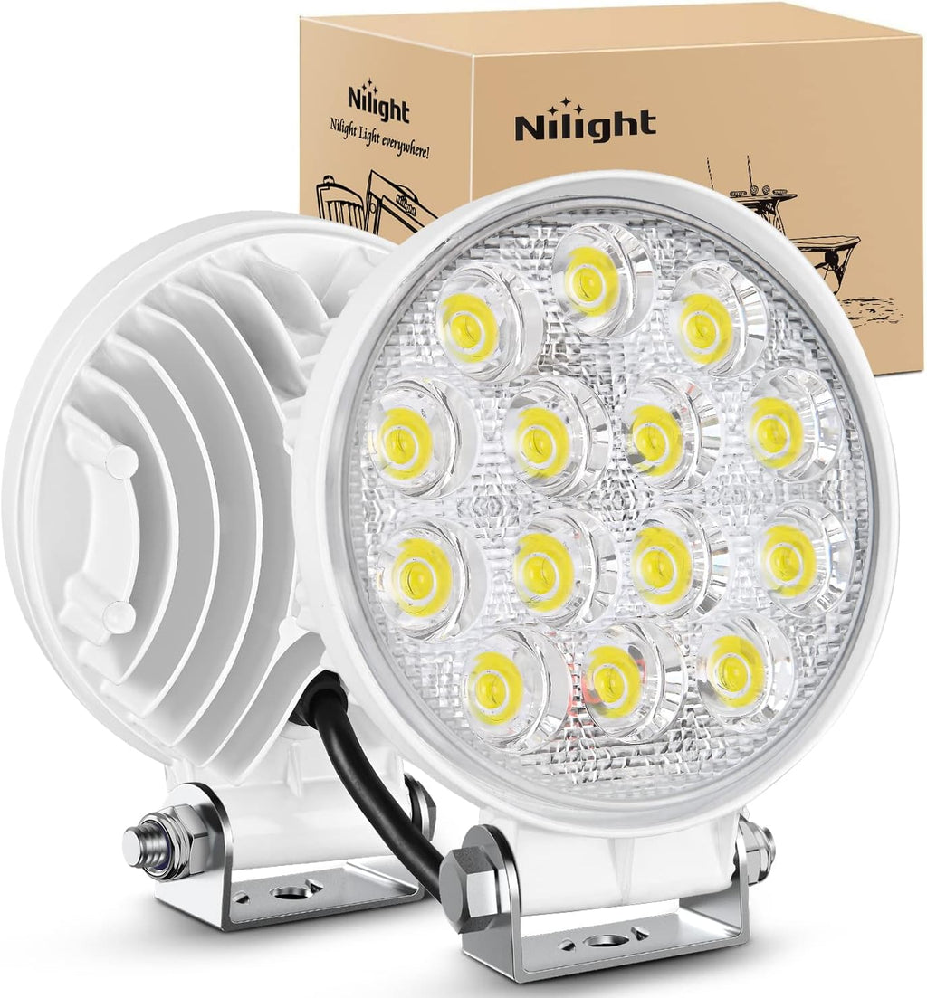 Nilight Marine LED Pods 2Pcs 4.5Inch 42W 4200LM White Round Light Flood Beam Ponton Boat Deck Dock Lights for Night Fishing T-top Stern Yacht Kayak Port Sailboat, 2 Years Warranty