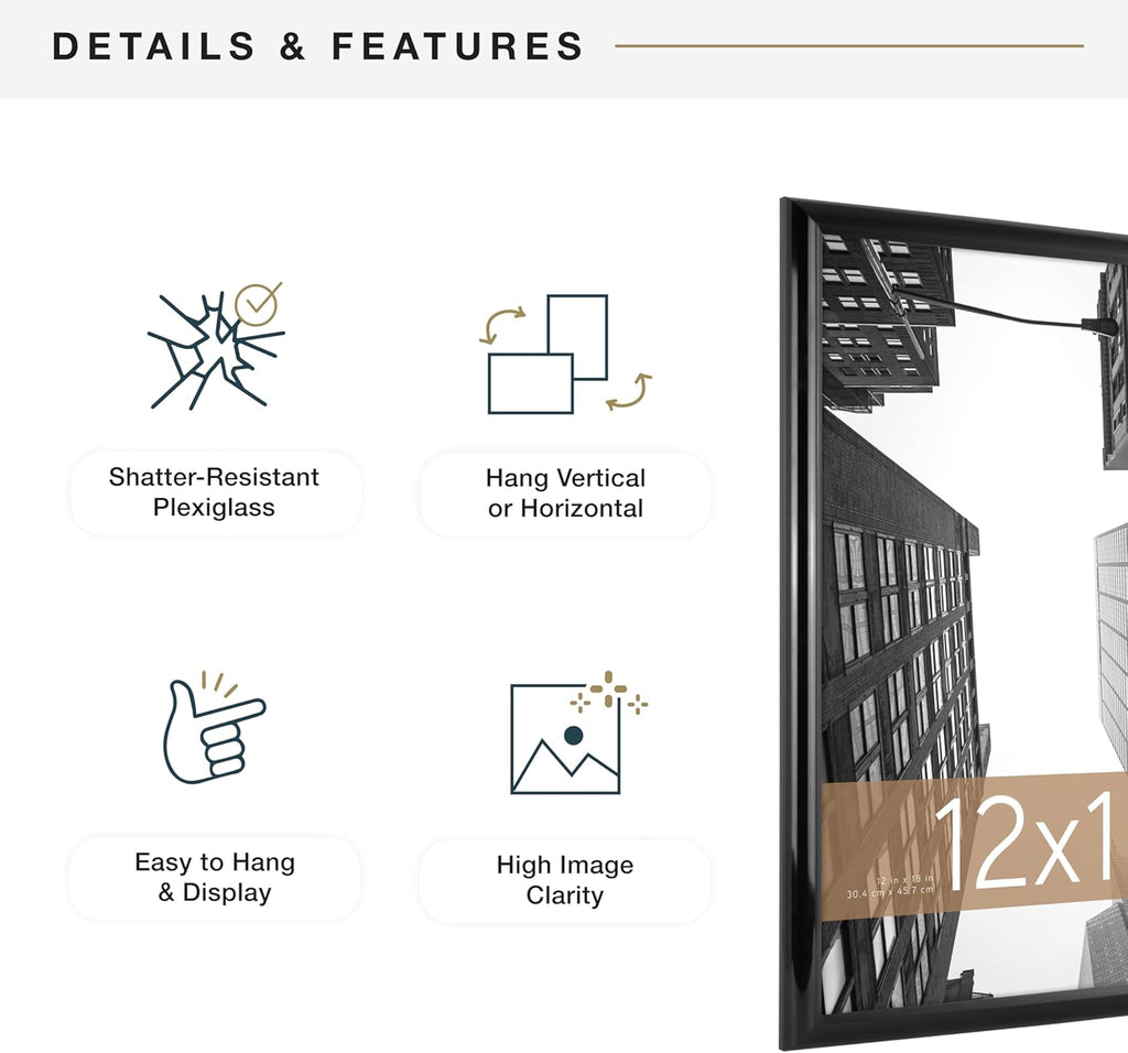 MCS Trendsetter 12x18 Poster Frame Black High-Gloss, Vertical & Horizontal Wall Hanging Large Picture Frame for Photos, Posters & Art Prints (2-Pack)