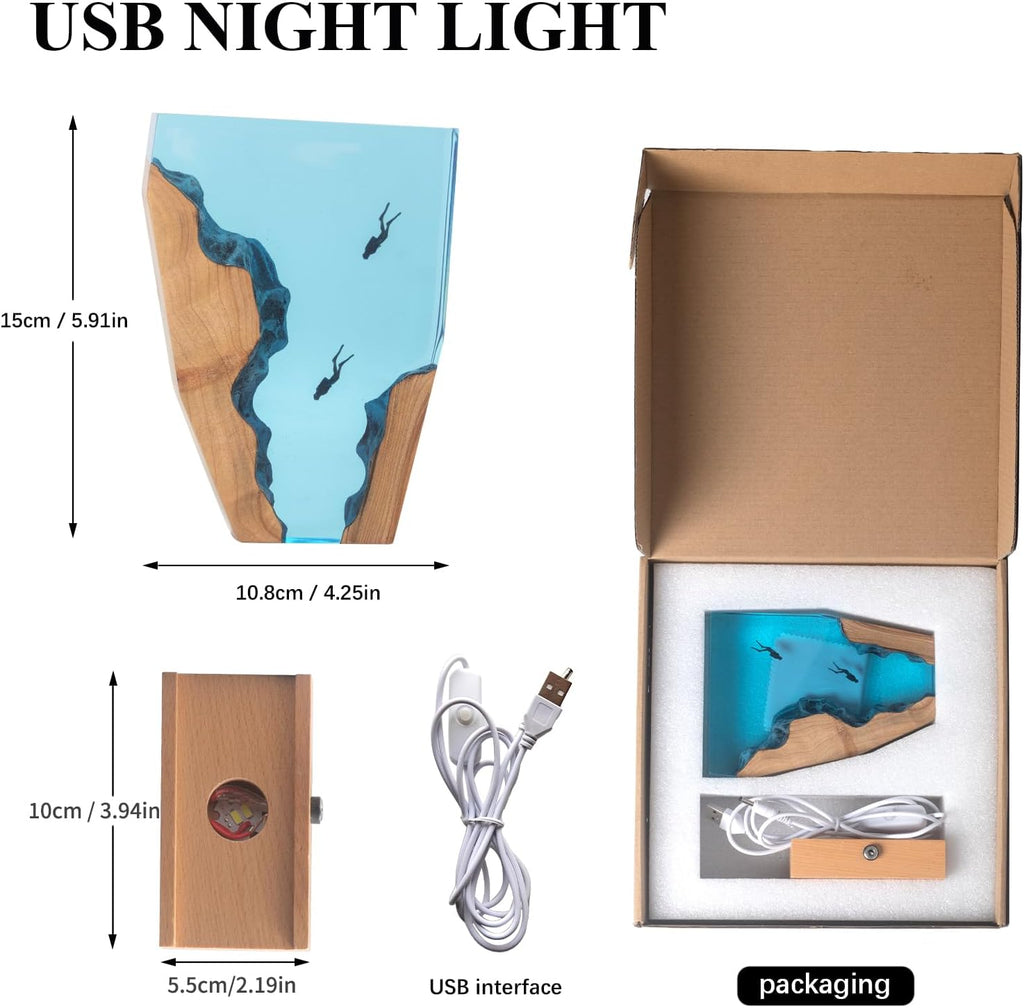 Epoxy Resin Lamp, Ocean Night Light,Artistry Home Decor Bedside Nightlight, Unique Resin Lighting, Nightstand Decorations for Bedroom, Suitable for Holidays(6inch-Two Divers)