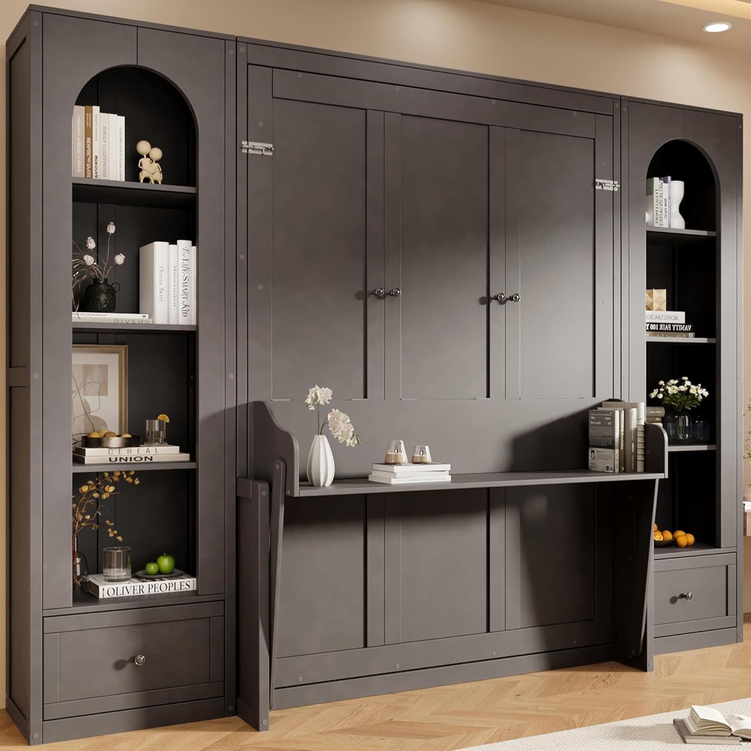 MERITLINE Queen Murphy Bed with Desk and Storage & LED Light, Solid Wood Hideaway Murphy Wall Bed with Storage Bookcase Shelves and Drawers for Adults